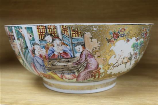 A Chinese famille rose mandarin pattern punch bowl, Qianlong period, diameter 38.5cm, cracked and rivetted